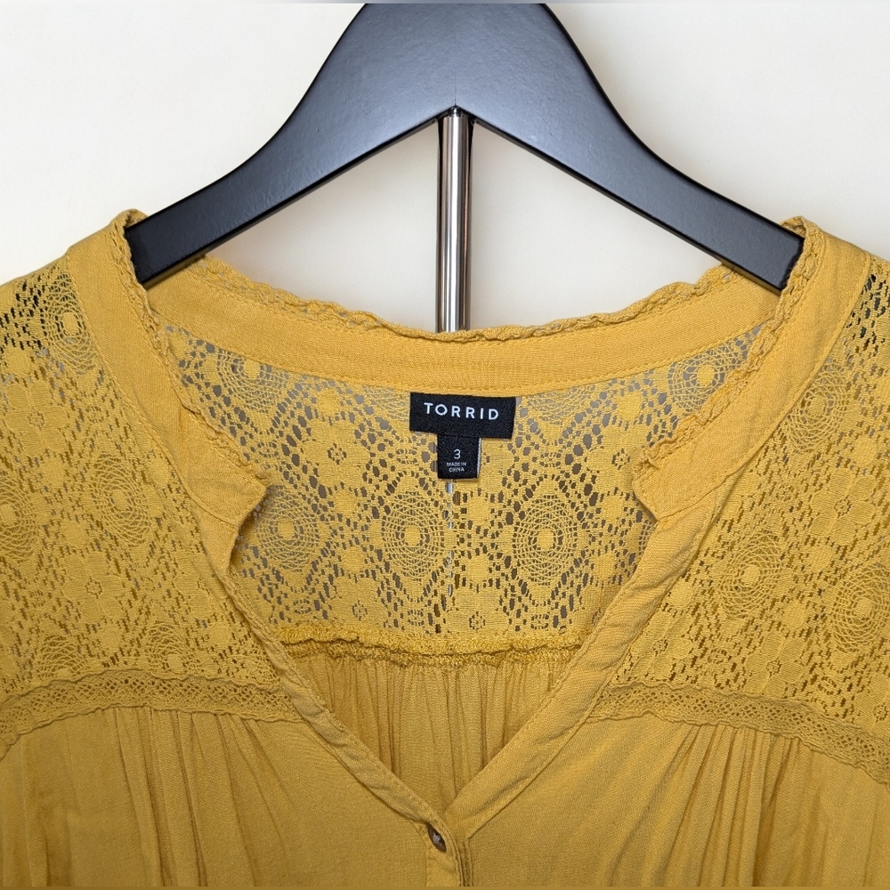 Torrid Yellow Button Up Blouse with Lace - Picture 3 of 3